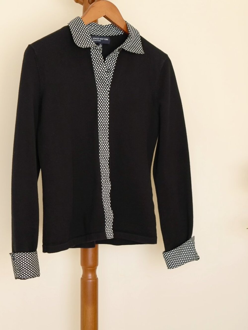 Jones New York Signature Polka Dot Collared & Cuffed Black Cotton Cardigan S